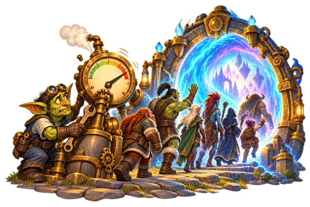A goblin engineer watches an overloaded brass gauge as a queue of fantasy adventurers enters a glowing realm portal.