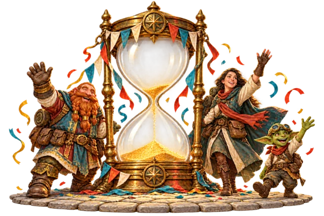 Three cheerful fantasy adventurers wave beside a brass hourglass decorated with pennants and confetti.