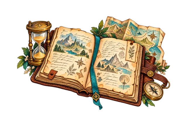An open illustrated travel journal with a teal ribbon beside a brass hourglass, folded map and compass.