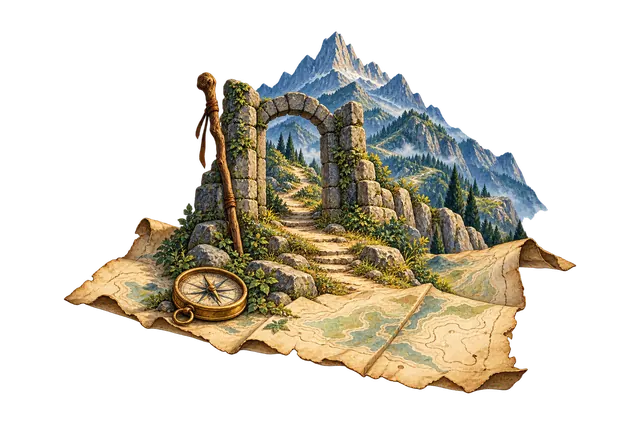 A leafy mountain trail climbs through an open stone gate above an unlabelled parchment map, with a walking staff and brass compass.
