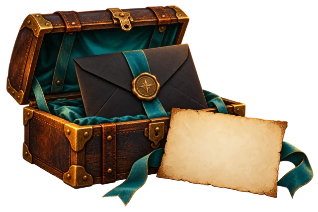 An open fantasy travel chest with a black envelope, blank parchment card and teal ribbon.