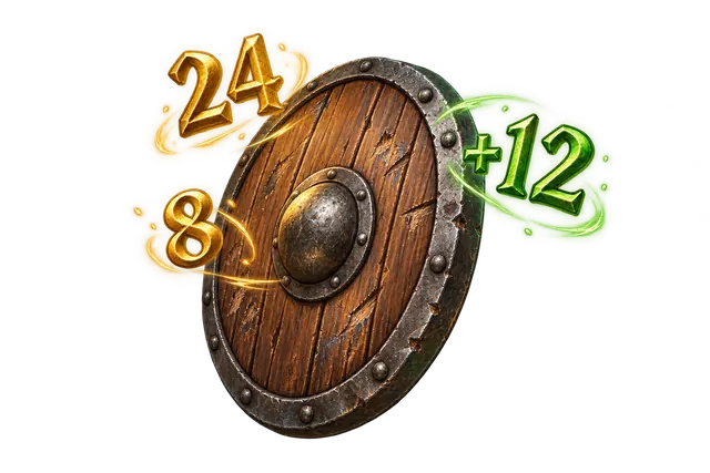 A training shield surrounded by restrained gold and green number glyphs.