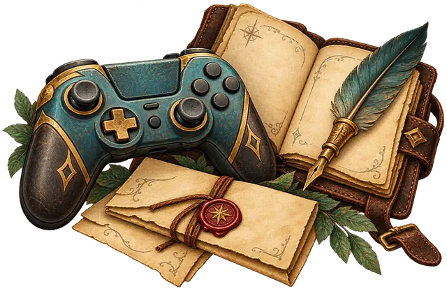 A worn teal and brass controller rests with an open leather notebook, quill and sealed parchment messages.