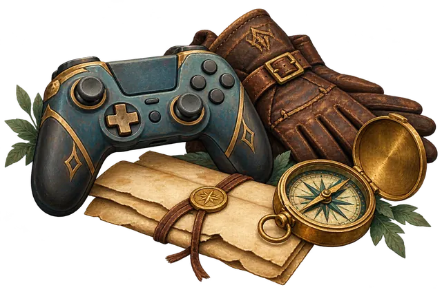 An unbranded game controller rests beside a brass compass, blank parchment and leather gloves.