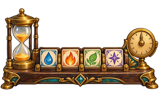 A wooden timer rack with a brass hourglass, four colourful elemental tokens and a round brass dial.