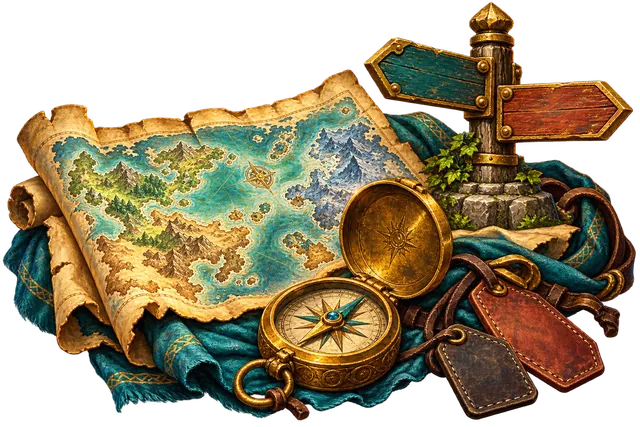 A fantasy parchment map, brass compass and two unlabelled wooden signboards sit on teal travel cloth.