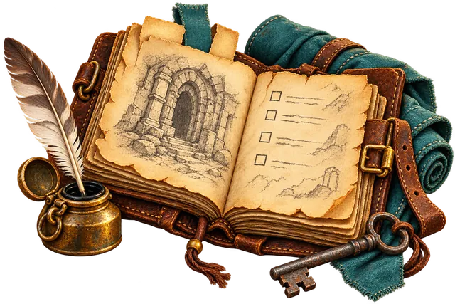 An open leather quest ledger contains a dungeon doorway sketch and checklist beside a quill, inkpot and iron key.