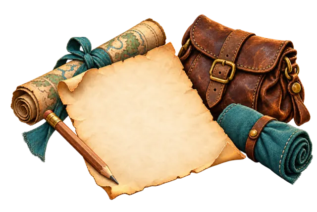 A blank parchment and wooden pencil lie beside a rolled map, leather pouch and teal travel blanket.