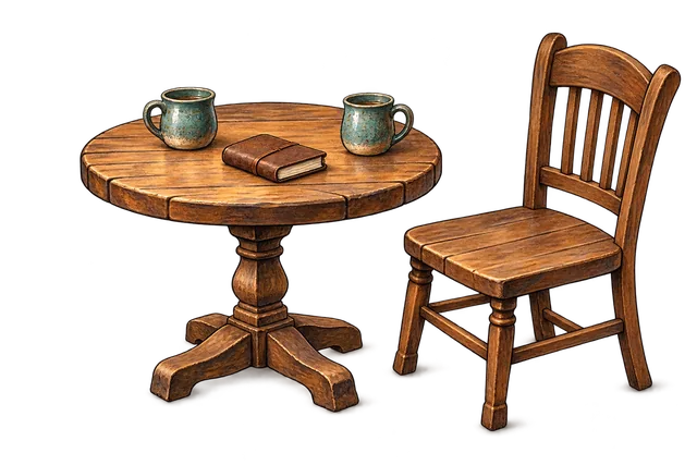 An empty wooden chair beside a round inn table holding two teal mugs and a leather notebook.