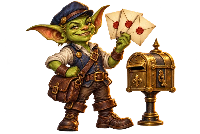 A friendly goblin postal clerk holds three wax-sealed invitations beside a brass mailbox.