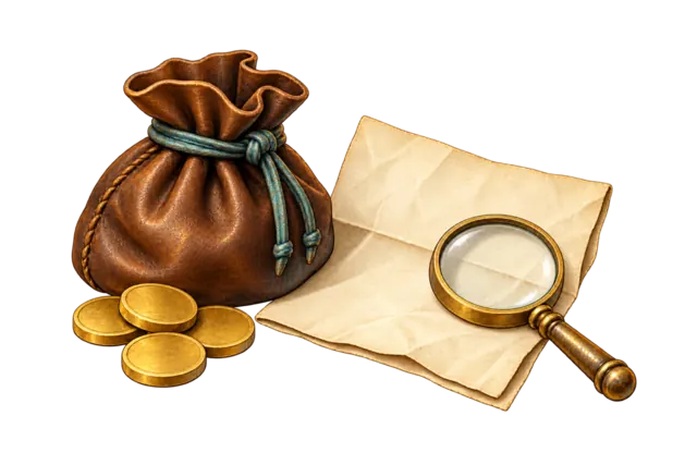 A leather coin pouch with a teal tie sits beside plain gold coins and a blank folded parchment under a brass magnifying glass.