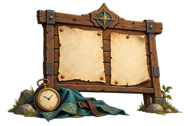 A wooden guild noticeboard with two blank parchment notices, a brass pocket watch and teal cloth.