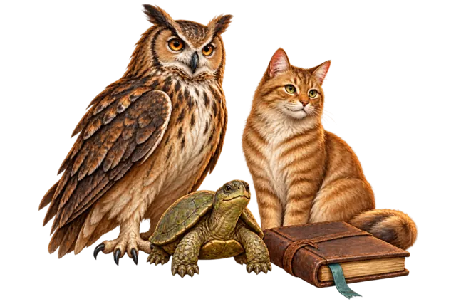 An owl-like bird of prey, a tawny cat and a small turtle sit beside a leather field notebook with a teal bookmark.