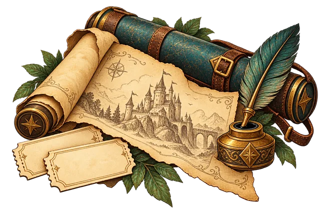 A fantasy castle poster with blank admission tickets, a teal leather tube and a quill in a brass inkpot.