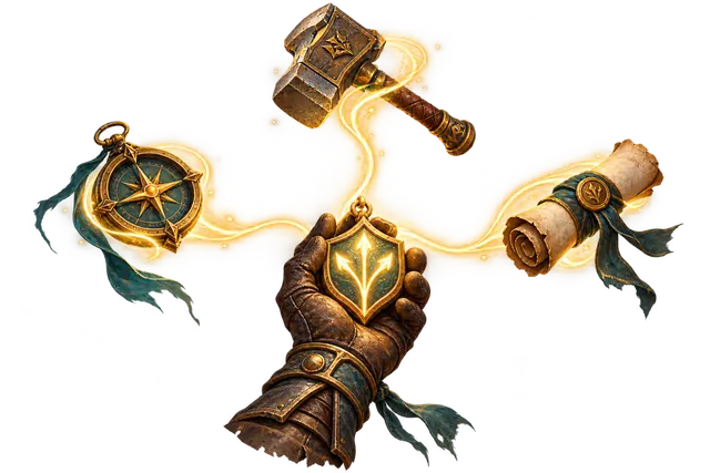 A gloved hand holds a glowing medallion linked to a hammer, compass and parchment.