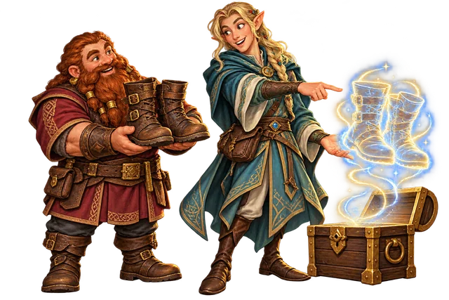 A dwarf holds a pair of boots while an elf points at their glowing cosmetic likeness above a small loot chest.