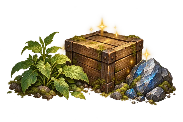 A weathered wooden crate sparkles beside green herbs and a blue-grey ore rock.