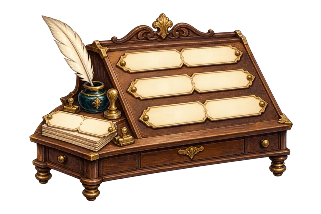 A fantasy registrar's desk with three blank first-and-last-name plaques, spare cards, a quill, teal inkpot and brass seal.