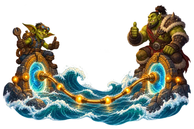 A goblin engineer and orc adventurer beside glowing portals linked by a brass cable over ocean waves.