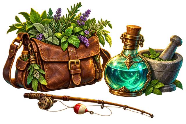 A herb-filled leather satchel sits beside a teal potion flask and stone mortar, with a small fishing rod and float below.