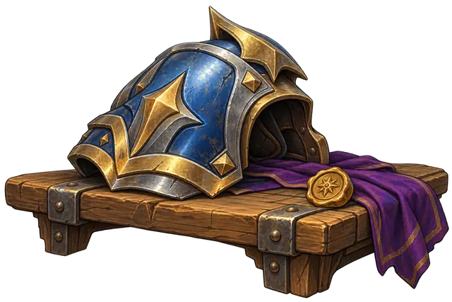 A blue and brass shoulder guard rests on a wooden bench beside a brass token and purple cloth.