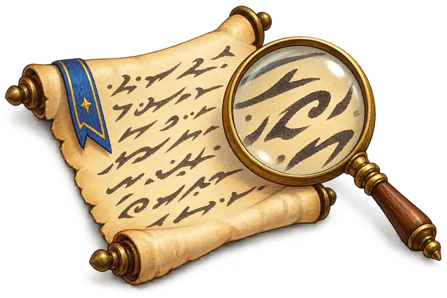 A brass magnifying lens enlarges abstract ink strokes on a parchment scroll.