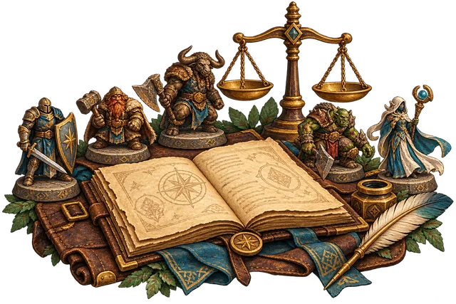 Five fantasy adventurer tokens beside a brass balance scale and an open parchment ledger.