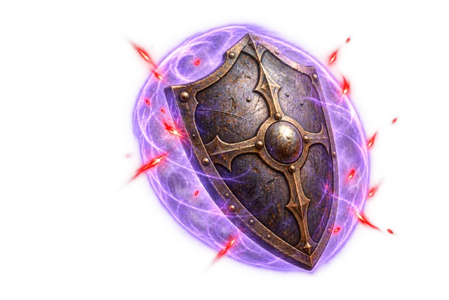 A weathered iron shield inside a violet protective halo, with small red sparks nearby.
