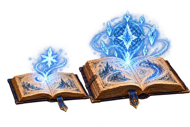 Two open spellbooks with a small frost spark and a larger glowing blue rune.