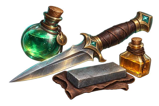 An original fantasy illustration of a dagger beside a green vial, sharpening stone and amber oil bottle.