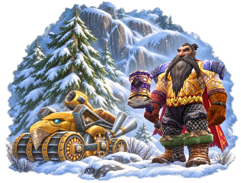 A stylised Dwarf Paladin with a glowing tankard beside a gold tracked vehicle in a snowy setting.