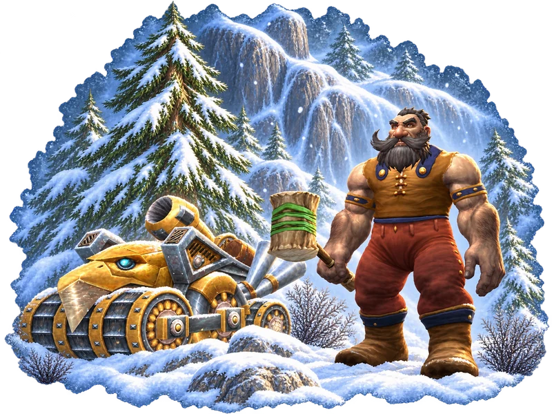 A dark-bearded Dwarf holding a wooden hammer beside a gold tracked vehicle in a snowy character-selection scene.