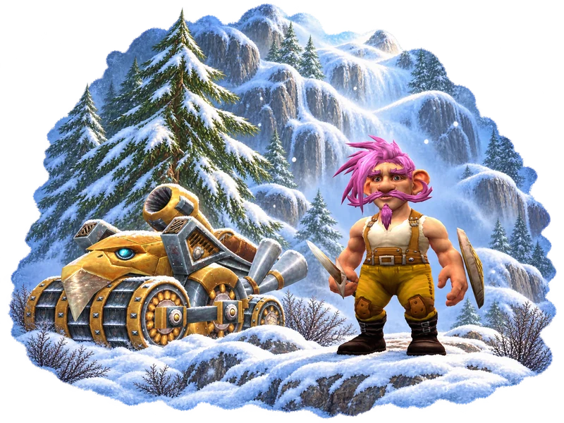 A pink-haired Gnome with a curled moustache, sword and shield in a snowy character-selection scene.
