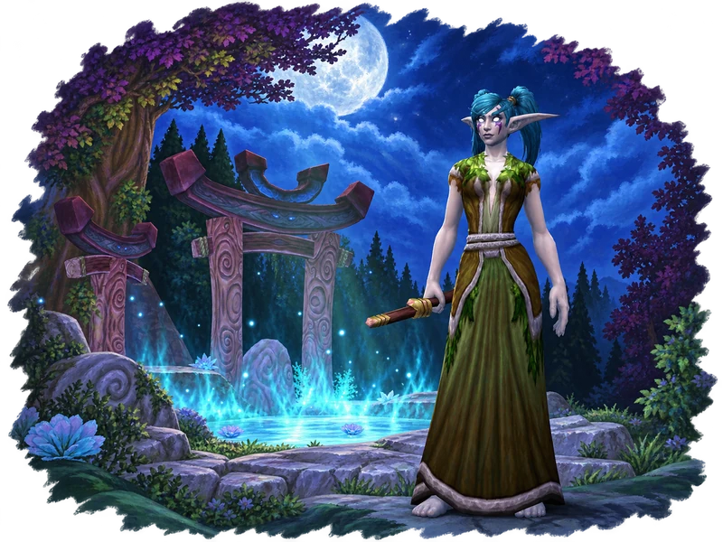 A teal-haired Night Elf in a green robe holding a staff beside a glowing pool under a moonlit sky.