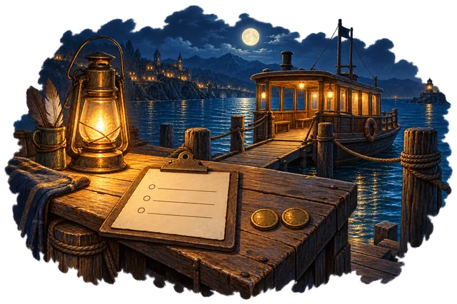 A moonlit harbour ferry beside a lantern, a blank three-entry clipboard and exactly two brass boarding tokens.